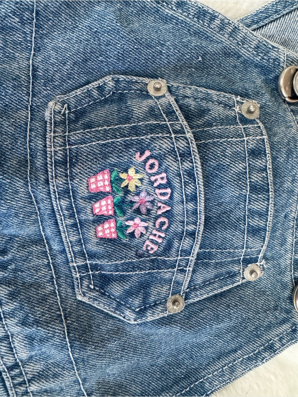 1990s Jordache Blue Denim overalls with Pocket and Pink Floral Embroidery